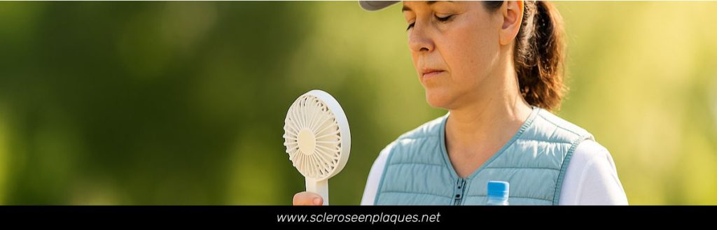 Femme d’âge moyen portant un gilet rafraîchissant et une casquette, tenant un mini-ventilateur et une bouteille d’eau, fond de parc en été