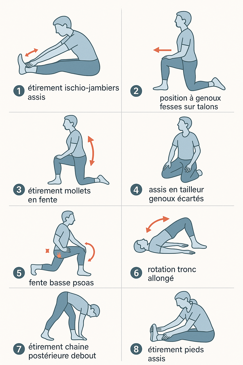 Planche illustrative des 8 exercices d'étirement essentiels pour soulager la spasticité dans la sclérose en plaques