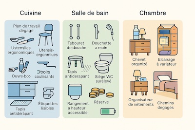 adaptations-domicile-cuisine-bain-chambre-collage Collage en trois panneaux présentant des adaptations à domicile : en cuisine (siège de repos, ustensiles ergonomiques, tiroirs coulissants, tapis antidérapant), en salle de bain (barres d’appui, tabouret de douche, douchette, tapis antidérapant, siège WC surélevé) et en chambre (chevet organisé, éclairage à variateur, trousse de fatigue, organisateur de vêtements, circulation dégagée). Style icônes/flat lisible.