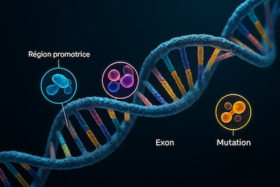 adn-double-helix-zones-mises-en-evidence Double hélice d’ADN avec plusieurs segments mis en évidence et annotations en français (exon, intron, régulation, mutation).