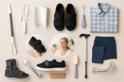 Collection d'aides techniques facilitant le quotidien avec la spasticité : chausse-pied long, tire-chaussettes, vêtements adaptés, attelle de cheville, canne et accessoires d'autonomie