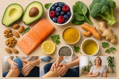 Sélection d'aliments anti-inflammatoires bénéfiques pour les personnes atteintes de SEP : saumon, avocat, noix, fruits rouges, légumes verts, curcuma, gingembre et huile d'olive