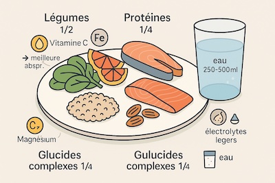 assiette-equilibree-anti-fatigue-avec-verre-eau Assiette équilibrée anti-fatigue : moitié légumes riches en vitamine C (épinards, poivron, agrumes), un quart protéines (saumon ou légumineuses/œuf), un quart glucides complexes (quinoa ou patate douce), avec pictogrammes fer-vitamine C, magnésium, B12/oméga-3. Verre d’eau à côté.