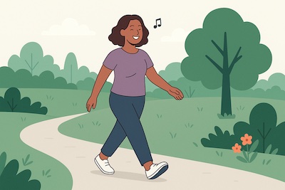 bien-etre-quotidien-activite-plaisir Personne souriante, active dans une activité plaisante — par exemple marche tranquille au parc (ou jardinage/peinture) — avec gestes naturels et ambiance calme, illustrant qu’une vie épanouie et active est possible.