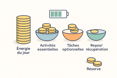 budget-energie-pieces-journee Illustration d’un budget d’énergie : une pile de pièces « Énergie du jour » répartie dans trois bols — Activités essentielles, Tâches optionnelles, Repos/récupération — avec une jauge batterie qui diminue et quelques pièces en « Réserve ».