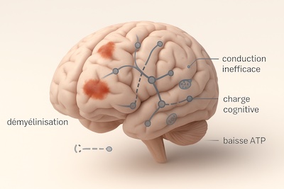 cerveau-lesions-demeyelinisation-circuits-energetiques-perturbes Illustration du cerveau montrant des zones de démyélinisation en orange/brun et un réseau de voies neuronales bleues avec segments interrompus, symbolisant une conduction inefficace et une baisse d’énergie (icônes mitochondries/ATP), avec légendes en français.