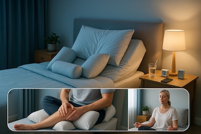 Chambre à coucher aménagée pour un sommeil réparateur avec la spasticité : oreillers de positionnement, température fraîche contrôlée, éclairage doux et environnement apaisant