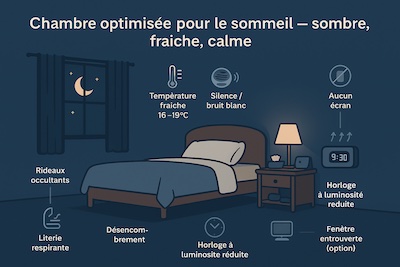 chambre-sommeil-reparateur-sombre-fraiche-calme Chambre sombre, fraîche et calme : rideaux occultants tirés, thermomètre indiquant 16–19 °C, lampe de chevet à lumière chaude faible, machine de bruit blanc/ventilateur discret, literie respirante et chevet sans écrans ni lumière vive.