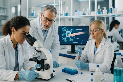 chercheurs-laboratoire-sep-recherche Chercheurs en laboratoire travaillant sur la sclérose en plaques, observant des cellules au microscope et analysant des résultats dans un environnement stérile et moderne.