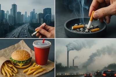 collage-ville-cigarettes-fast-food-pollution Collage combinant ville moderne, cigarettes, fast-food et sources de pollution, illustrant l’impact urbain et comportemental sur la santé.