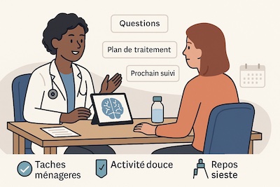 consultation-medecin-neurologue-plan-de-traitement-suivi Personne en consultation avec un médecin/neurologue, discutant d’un schéma cérébral sur tablette; étiquettes « Questions », « Plan de traitement » et « Prochain suivi » visibles sur un bureau clair, ambiance calme et professionnelle.