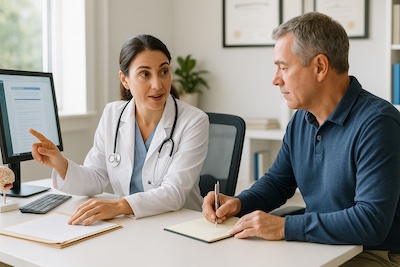 Consultation médicale entre neurologue et patient atteint de SEP pour discuter de l'aggravation de la spasticité et ajuster le plan de traitement