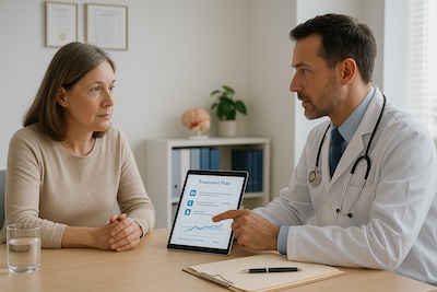 consultation-medicale-plan-de-traitement-femme Femme discutant de son plan de traitement avec un médecin dans un cabinet lumineux, tablette affichant les étapes du traitement.