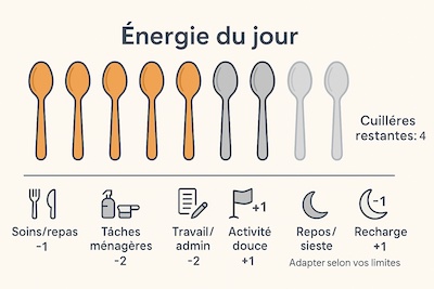 cuilleres-energie-jour-illustration Infographie minimaliste montrant la métaphore des cuillères d’énergie : dix cuillères alignées dont certaines grisées pour symboliser l’énergie dépensée, avec légendes « soins/repas », « tâches ménagères », « travail/admin », « activité douce », « repos/sieste (recharge) » et un compteur « cuillères restantes ».