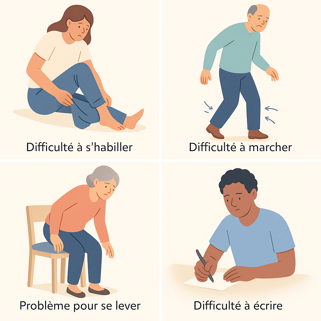 Illustration des principales difficultés quotidiennes causées par la spasticité : habillage, marche, transferts et activités manuelles