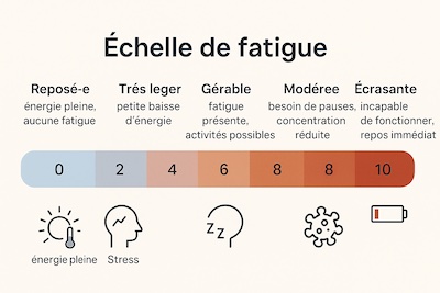 echelle-fatigue-0-10-descriptions-visuelles Échelle visuelle de fatigue de 0 à 10 : barre segmentée bleu→orange/brique avec repères « 0 Reposé·e », « 2 Très léger », « 4 Gérable », « 6 Modérée », « 8 Sévère », « 10 Écrasante » et une icône de batterie allant de pleine à vide.