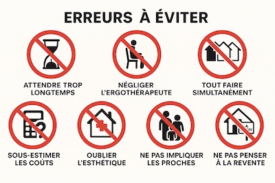 erreurs-eviter-amenagement-domicile-pictogrammes Infographie présentant 7 erreurs fréquentes à éviter lors de l'aménagement du domicile pour personne atteinte de SEP : attendre l'urgence, négliger l'expertise professionnelle, tout faire en même temps, sous-estimer les coûts, sur-médicaliser l'espace, exclure la famille et ignorer la revente future