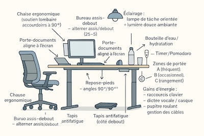 espace-travail-ergonomique-economie-energie Poste de travail ergonomique illustré : bureau assis-debout, chaise avec soutien lombaire, écran à hauteur des yeux, clavier avec repose-poignets, souris verticale, repose-pieds, tapis antifatigue, lampe de tâche, bouteille d’eau, timer/Pomodoro et zones de portée (A/B/C) pour limiter les efforts et économiser l’énergie.