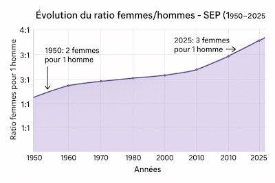 evolution-ratio-femmes-hommes-sep-1950-2025 Graphique montrant l'augmentation progressive du ratio femmes/hommes atteints de sclérose en plaques de 2:1 en 1950 à 3:1 aujourd'hui