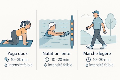 exercice-doux-yoga-natation-marche-legere Trois vignettes d’exercices doux : yoga en posture facile sur tapis, natation lente avec planche dans un couloir peu profond, et marche légère dans un parc. Légendes en français, style simple et lisible, ambiance positive.