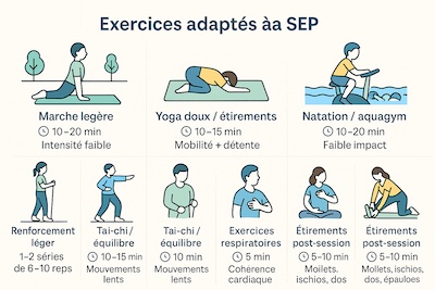 exercices-adaptes-sep-planche-8-activites Planche en 8 vignettes présentant des exercices adaptés à la SEP : marche légère, yoga/étirements, natation/aquagym, vélo stationnaire, renforcement léger avec élastiques/poids, tai-chi/équilibre, respiration guidée et étirements de fin. Chaque vignette indique une durée et une intensité faible.