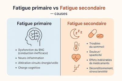 fatigue-primaire-vs-secondaire-causes-diagramme Comparatif causes : fatigue primaire vs fatigue secondaire, avec icônes et puces explicatives.