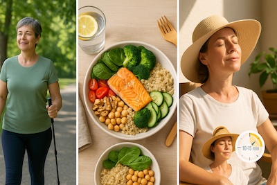 femme-exercice-alimentation-saine-soleil-modere Femme pratiquant une activité physique douce, mangeant un repas sain et s’exposant modérément au soleil, illustrant un mode de vie équilibré.