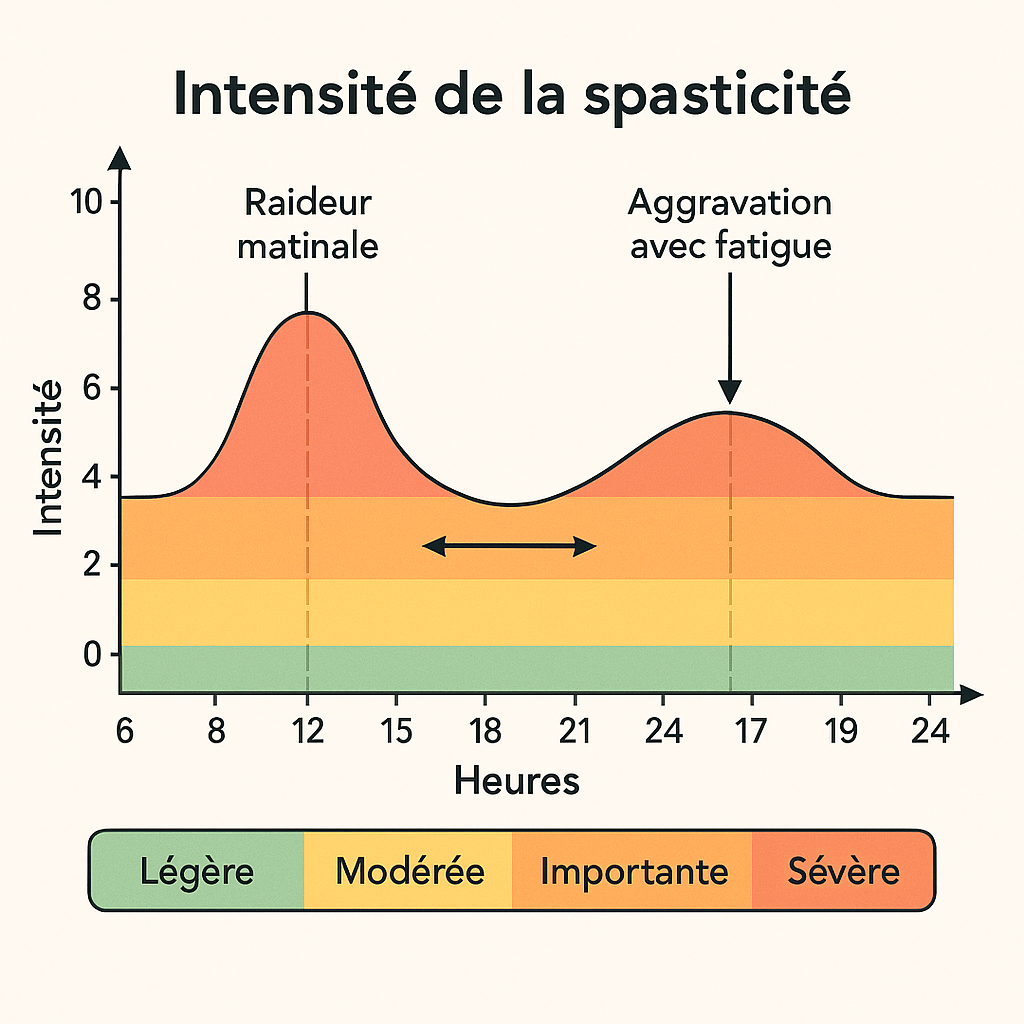 Graphique illustrant les variations typiques de l'intensité de la spasticité au cours d'une journée avec pics matinaux et en fin de journée