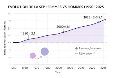 graphique-evolution-sep-femmes-vs-hommes Graphiques comparant l’évolution de la SEP chez les femmes et les hommes de 1950 à 2025, montrant une part et/ou un ratio féminin croissants.