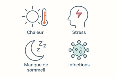 icones-chaleur-stress-manque-de-sommeil-infections Quatre icônes minimalistes en grille : soleil avec thermomètre pour la chaleur, tête avec éclair pour le stress, lune avec « zzz » pour le manque de sommeil, microbe stylisé pour les infections ; légendes en français sur fond clair.