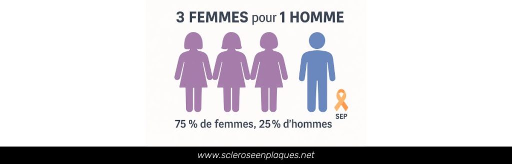 Infographie illustrant que 3 femmes sur 4 personnes atteintes de sclérose en plaques sont des femmes, représenté par trois silhouettes féminines et une masculine