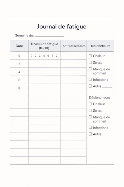 journal-fatigue-modele-date-niveau-activites-declencheurs Page de journal de fatigue imprimable en format A4 : tableau avec colonnes « Date », « Niveau de fatigue (0–10) », « Activités réalisées » et « Déclencheurs » (cases à cocher : chaleur, stress, manque de sommeil, infections, autre), mise en page claire et contrastée.