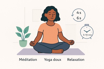 meditation-yoga-relaxation-respiration-guidee-5-10min Personne assise en posture confortable pratiquant une respiration guidée et une relaxation/yoga doux, avec pictogrammes indiquant 5–10 minutes et rythme respiratoire (4 s inspirer, 6 s expirer) dans une pièce calme et épurée.