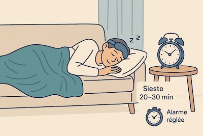 micro-sieste-canape-reveil Personne faisant une sieste courte sur un canapé, couverte d’un plaid, avec un réveil réglé à 20–30 minutes posé sur la table basse; pièce calme à lumière douce, rideaux tirés et téléphone en mode avion.