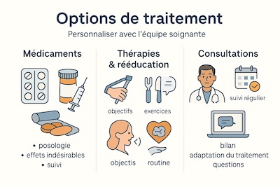 options-traitement-medicaments-therapies-consultations Infographie en trois panneaux présentant les options de traitement :
Médicaments (comprimés, flacon, seringue stylisée) avec mention de la posologie et du suivi,
Thérapies & rééducation (physio, ergo, orthophonie, psychologie) avec objectifs et exercices,
Consultations (médecin/neurologue, calendrier de suivi, téléconsultation) pour adapter le traitement.