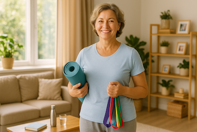 Personne atteinte de SEP souriante, confiante et active tenant son équipement d'exercice, illustrant qu'une vie autonome et épanouie est possible malgré la spasticité