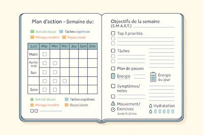 planner-hebdomadaire-cahier-ouvert-plan-action Cahier ouvert en double-page avec un planning hebdomadaire à gauche (jours Lundi à Dimanche, matin/après-midi/soir, cases à cocher) et, à droite, des sections structurées : objectifs S.M.A.R.T., top 3 priorités, tâches, plan de pauses, indicateur d’énergie, symptômes/notes, rendez-vous & médication, mouvement/exercices et hydratation.