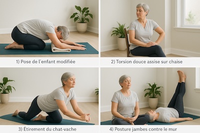 Série de quatre poses de yoga douces et adaptées pour personnes atteintes de SEP : pose de l'enfant, torsion assise sur chaise, chat-vache et jambes contre le mur