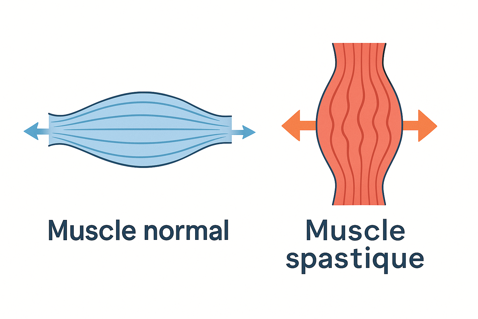 Schéma médical comparant un muscle normal détendu et un muscle spastique contracté pour illustrer la spasticité dans la sclérose en plaques