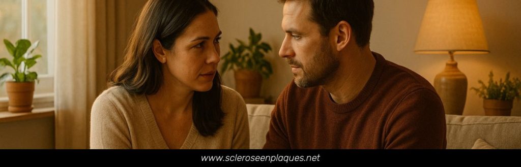 Couple dans la quarantaine assis ensemble sur un canapé, se tenant la main dans un moment d'intimité et de soutien face à la sclérose en plaques