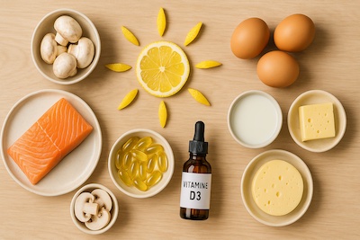 soleil-aliments-vitamine-d-supplement-d3 Soleil, aliments riches en vitamine D (saumon, champignons UV, œufs, lait enrichi, sardines) et flacon de supplément D3 sans marque, présentés de manière claire et lumineuse.