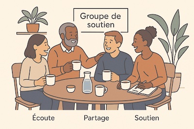 support-social-rencontre-cafe-ecoute-partage Petit groupe de personnes diverses assis dans un café, partageant boissons chaudes et conversation bienveillante; ambiance lumineuse et conviviale, carnets sur la table pour échanger et s’entraider.