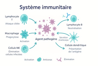 systeme-immunitaire-cellules-actives-sep Illustration simplifiée du système immunitaire montrant des cellules immunitaires actives attaquant la myéline dans la sclérose en plaques, expliquant le processus auto-immun