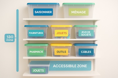systeme-rangement-etiquettes-organisation-sep Système de rangement organisé avec étiquetage clair, code couleur et organisation par fréquence d'utilisation pour faciliter l'accès