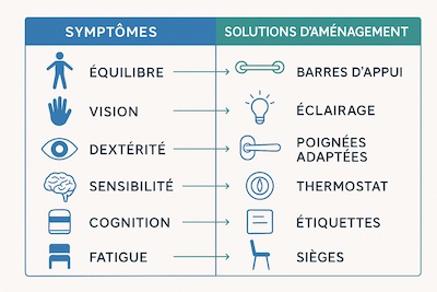 tableau-symptomes-solutions-amenagement-sep Tableau associant les différents symptômes de la SEP aux solutions d'aménagement domiciliaire recommandées pour chaque type de difficulté