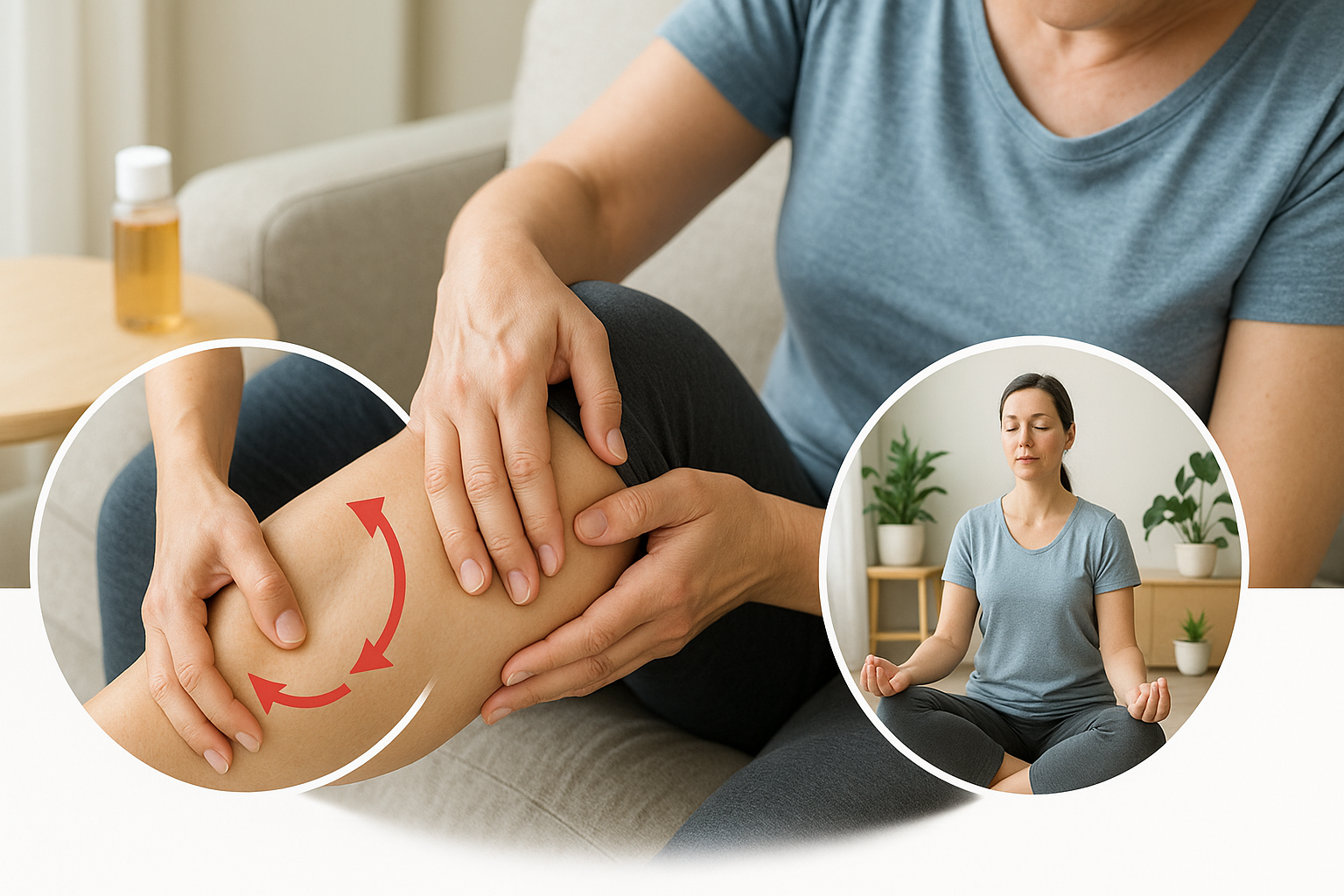 Démonstration des techniques d'auto-massage du mollet avec mouvements circulaires des pouces pour soulager la spasticité musculaire