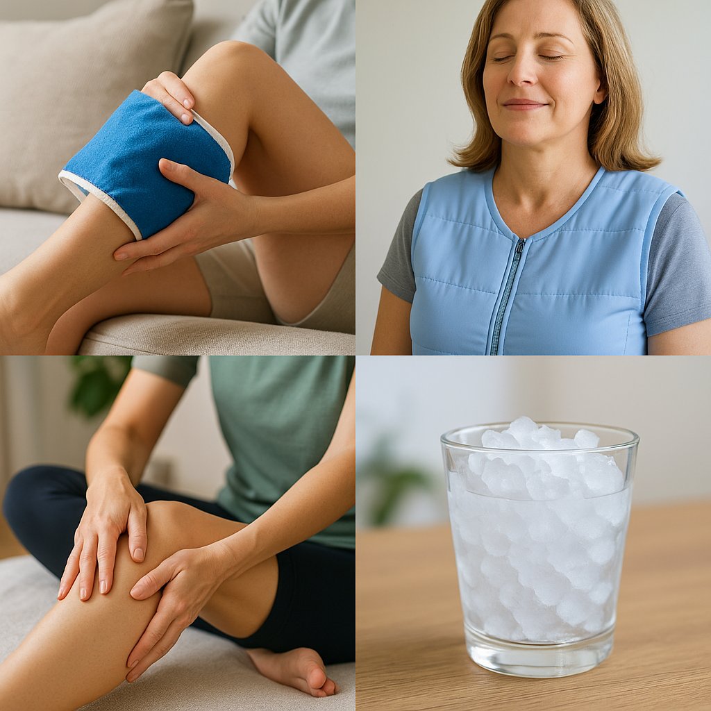 Collage illustrant quatre techniques de soulagement de la spasticité : application de froid, veste refroidissante, massage et glace pilée