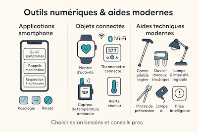 technologies-aide-SEP-apps-capteurs-aides-modernes Infographie en trois panneaux présentant des applications smartphone (suivi des symptômes, rappels de médication, respiration), des objets connectés (montre d’activité, thermomètre/capteur de chaleur), et des aides techniques modernes (canne pliable, ouvre-bocaux électrique, pinces, lampe réglable, prise intelligente).