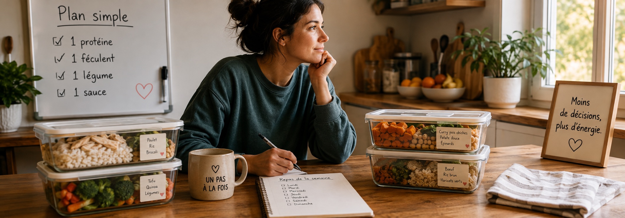 Personne assise dans sa cuisine, carnet ouvert, entourée de contenants de repas préparés à l'avance, ambiance calme et organisée.
