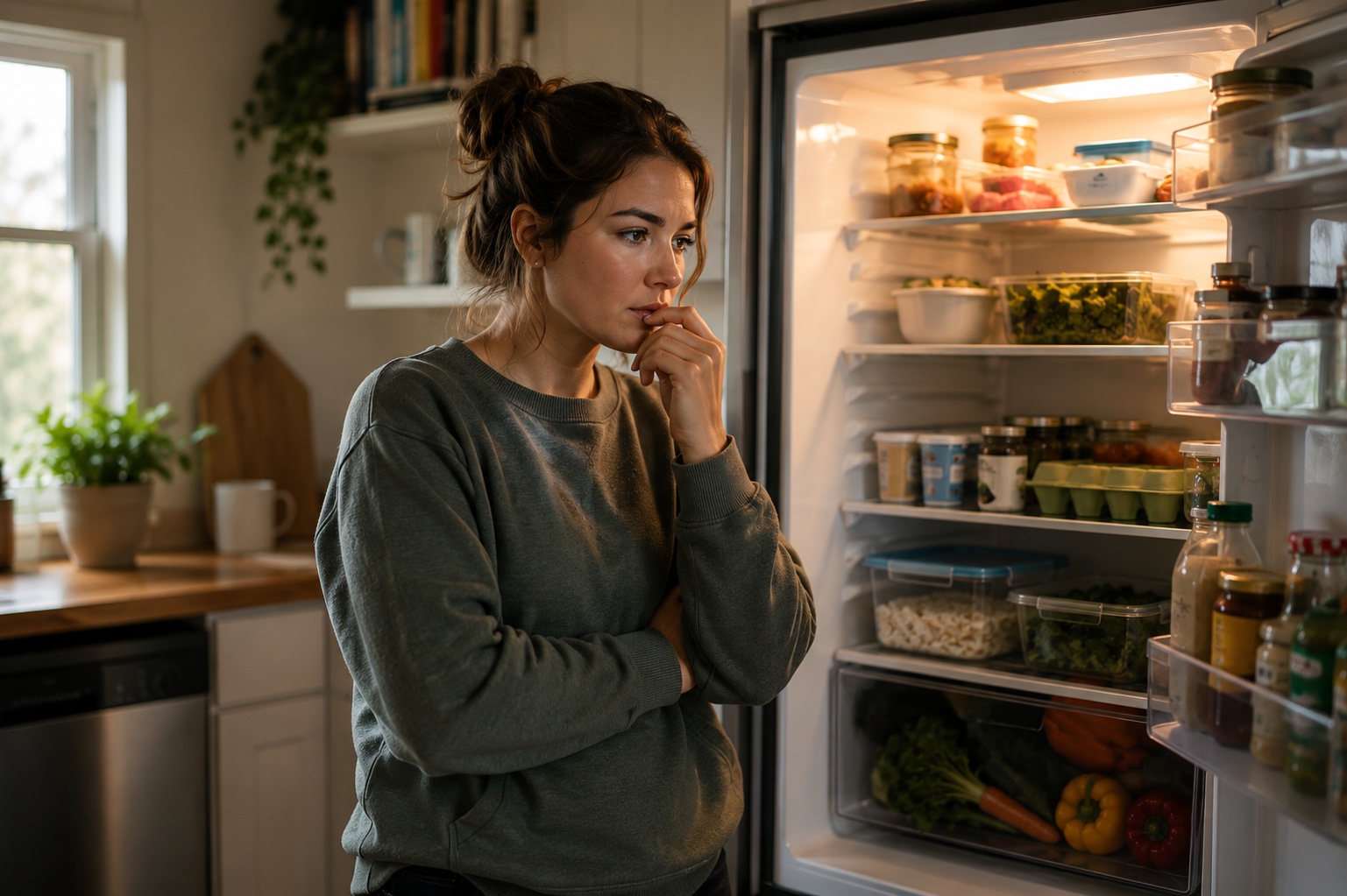 Personne debout devant un frigo ouvert, expression pensive et douce, cuisine chaleureuse et lumineuse.